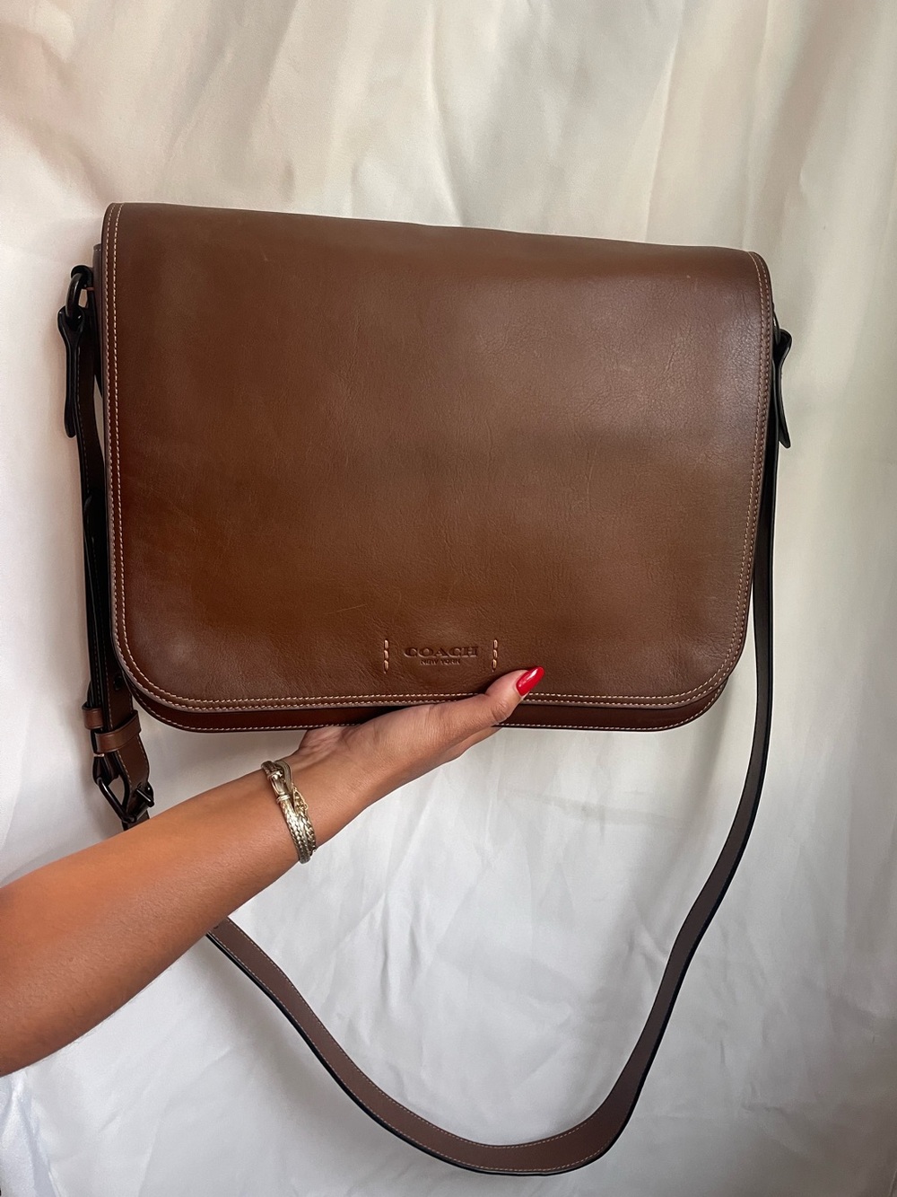 Coach Men’s Brown Leather Messenger Bag with Dark Brown Strap
